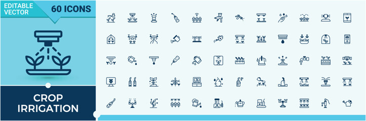 Crop Irrigation icon set. Related to farm, lawn, aqua, grow, technology, house, liquid and more. Thin linear style icons. Solid line editable stroke. Vector line and solid icons.