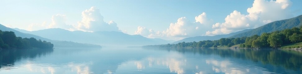 Gentle clouds drift across a serene lake surface, natural scenery, calm atmosphere