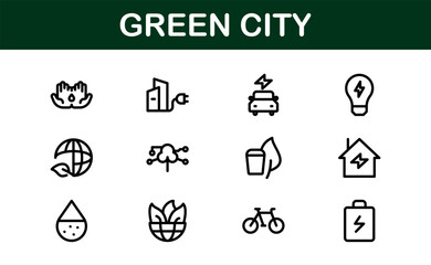 Eco Green City Icon Set. Minimalist Line Icons for Sustainability, Smart Cities, and Environmental Conservation Projects