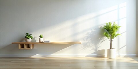 Minimalist Wooden Shelf on White Wall - Surreal Photography Stock Photo