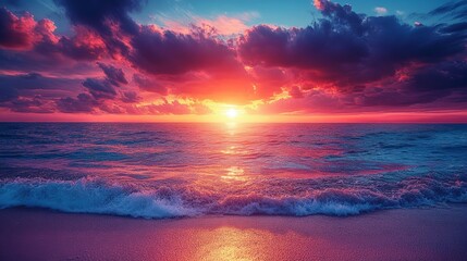 Fototapeta premium A stunning sunset over the ocean with vibrant colors. Great for themes of tranquility, nature, and relaxation.