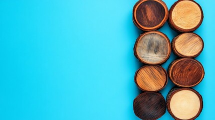 Wood slices on blue background. For crafting use