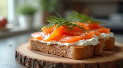 A  open-faced sandwich on gluten-free toast with salmon slices, cream cheese, and dill.