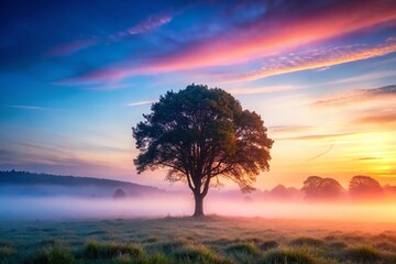 Obraz premium Misty Morning Landscape: Serene Fog Rolling Over Hillside at Dawn