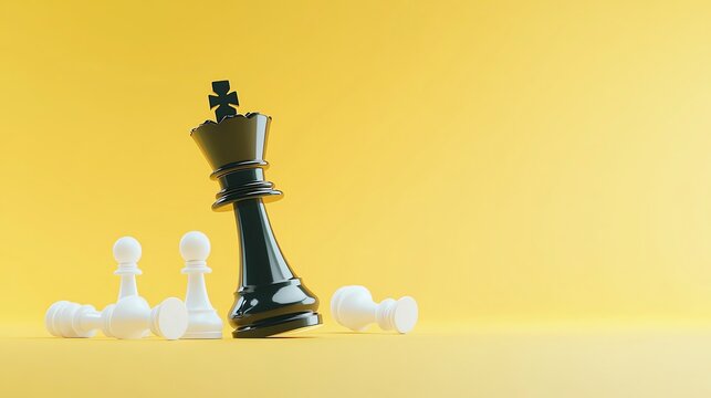 A black chess king stands victorious over fallen white pawns on a vibrant yellow background, symbolizing strategy and triumph in a game of chess.