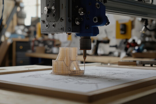 Close-up of a CNC machine carving a wooden block with precision