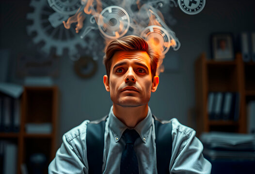 Smoke on a man's head symbolizes loss of energy and fatigue. Conceptual photo illustrating burnout syndrome at work