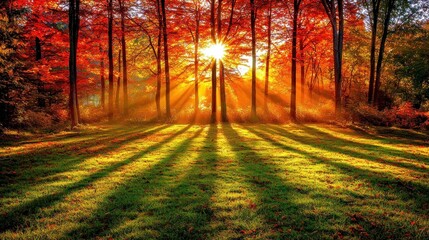 Fototapeta premium Autumn Sunrise Illuminates Forest Trees and Grass