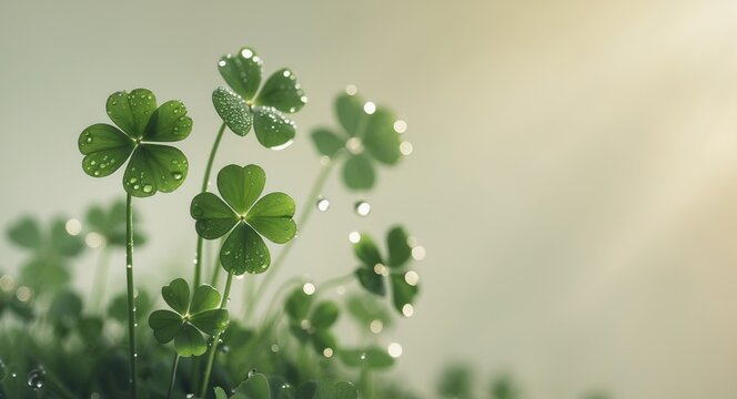 Fresh green clovers with dew drops in soft focus natural light with Copy Space for text addition
