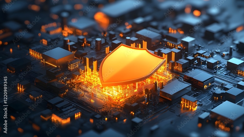 Poster Futuristic depicting cybersecurity strategies designed to protect national digital infrastructure  The image features glowing security shields complex data streams and firewall barriers