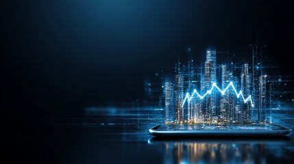 Futuristic cityscape concept with glowing skyscrapers emerging from a smartphone, symbolizing advanced technology and digital innovation