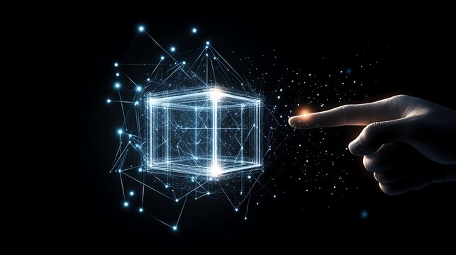 Futuristic concept of human interaction with digital technology. A glowing holographic cube is touched by a finger, showcasing advanced interface design.