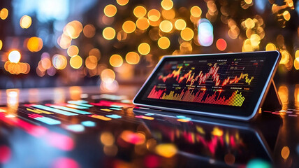 A vibrant tablet displaying dynamic stock market graphs is shown on a reflective surface at night. Colorful bokeh lights from the city blur in the background, creating a dynamic and modern feel.