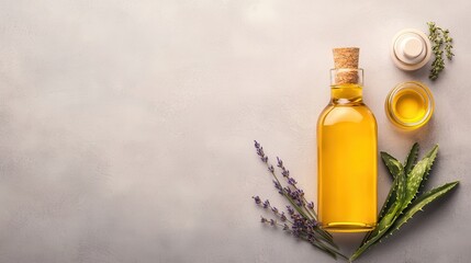Organic haircare for styling. Oil bottle with herbs and a natural background.