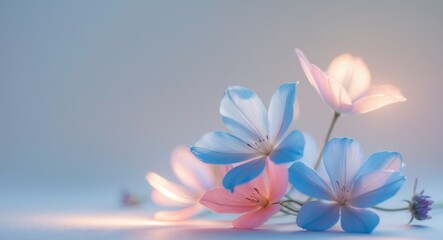 Naklejka premium Glowing blue and pink flowers with soft lighting in a dreamy atmosphere.