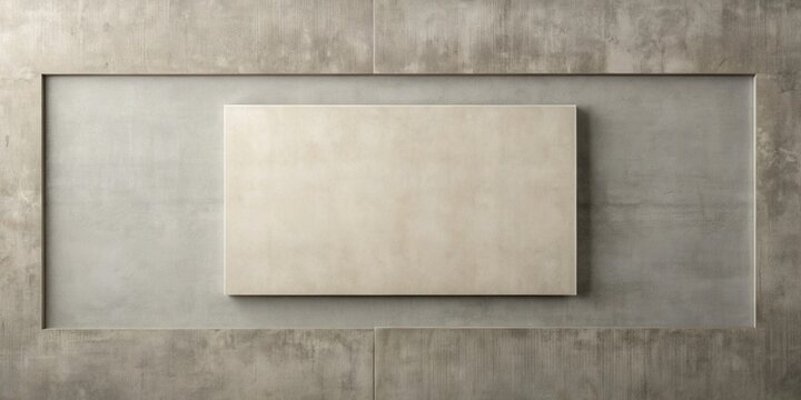 A neutral beige rectangular panel sits centrally within a muted grey textured frame, offering a minimalist backdrop for design presentations