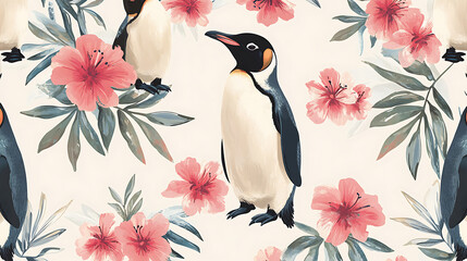 A seamless design of penguins amidst tropical coral and pink flowers on a neutral pale background 