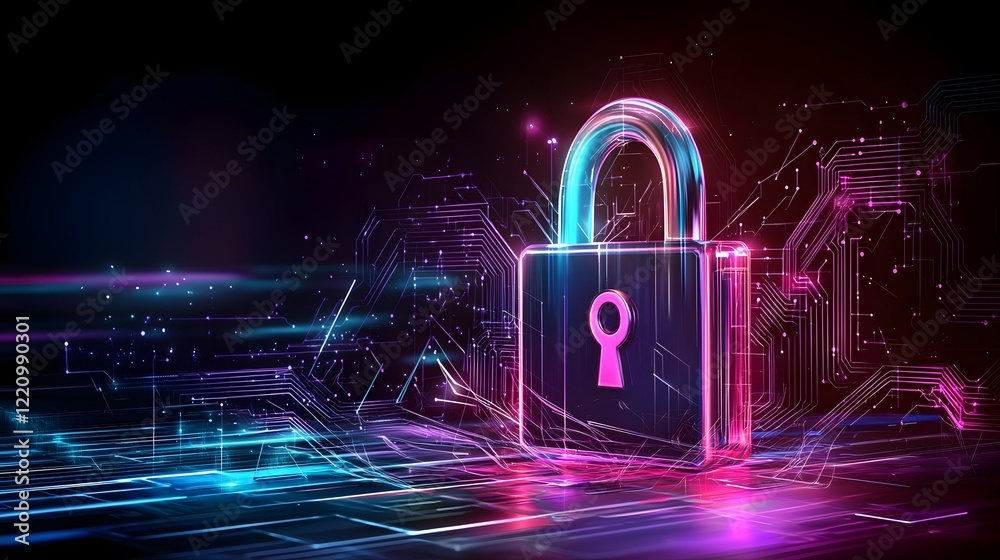Fototapete Stylized digital security concept featuring a glowing lock icon encrypted network connections and multiple layers of cybersecurity measures to ensure data privacy and protection  Futuristic