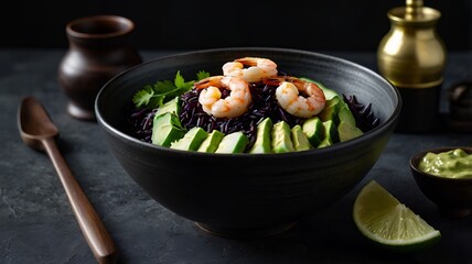 A fully framed bowl of black rice, shrimp, avocado, cucumber, and lime sauce.