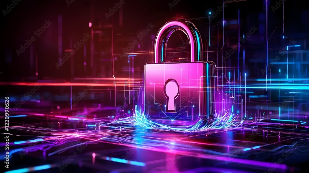 Leinwandbilder Futuristic digital visualization of encrypted cyber security systems with a 3D lock symbol encrypted pathways and holographic virtual screens emphasizing data privacy and protection