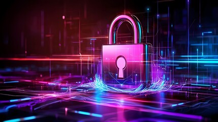 Futuristic digital visualization of encrypted cyber security systems with a 3D lock symbol encrypted pathways and holographic virtual screens emphasizing data privacy and protection