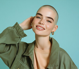 A portrait of a female influencer with a shaved head, smiling and wearing an elegant jacket and white t-shirt. 