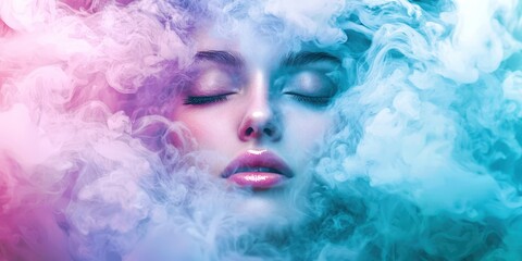 Woman's face is shown in a cloud of smoke