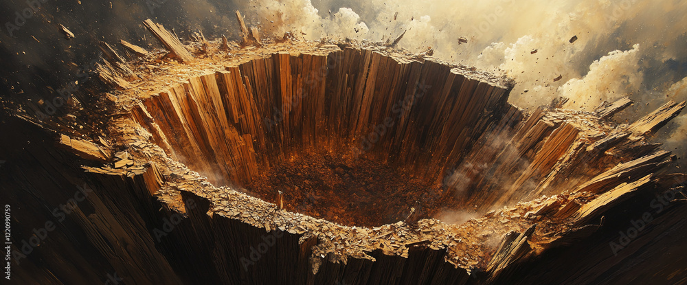 Poster aerial view of a circular crater-like formation made of wooden beams with debris and light