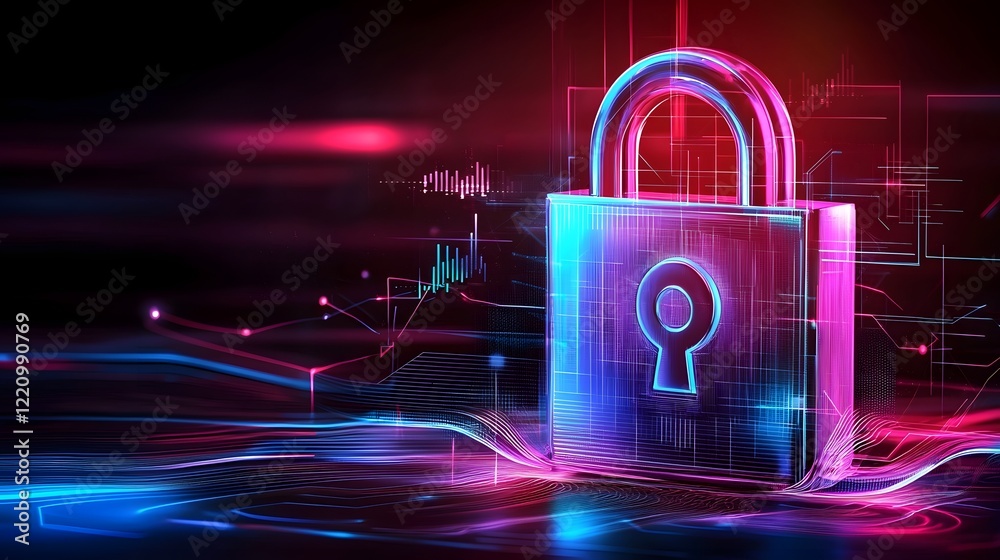 Poster Vibrant and futuristic depiction of network security featuring a central lock icon surrounded by firewall data encryption and other cybersecurity technology elements in an abstract glowing