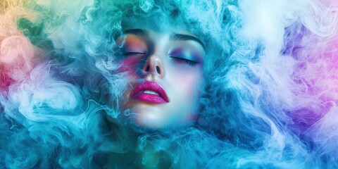 Woman with long hair and a pink lip is in a cloud of smoke