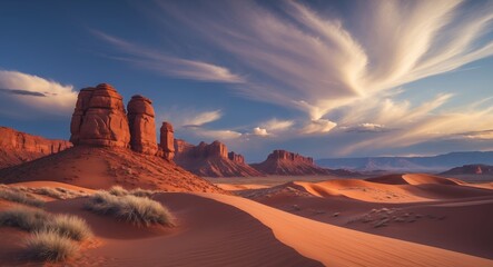Naklejka premium Majestic Desert Landscape Featuring Red Rock Formations and Rolling Sand Dunes Under a Dramatic Sky Highlighted by Soft Cloud Coverage.
