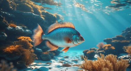 Naklejka premium Majestic Underwater Scene Featuring a Large Fish Swimming Among Vibrant Coral and Aquatic Vegetation in Clear Blue Ocean Waters with Sunlight Filtering Through.