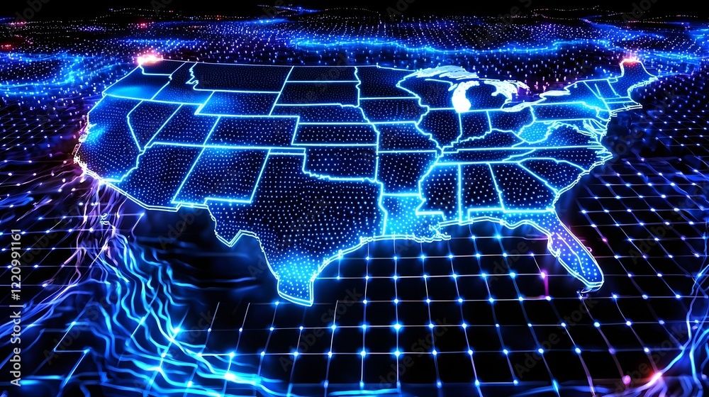 Poster Futuristic visualization of the cybersecurity network of America featuring interconnected data nodes glowing digital pathways