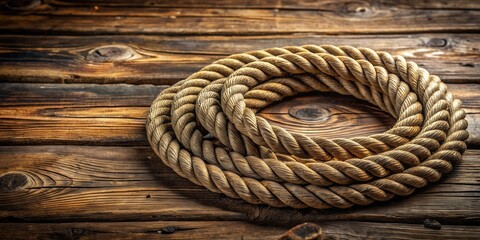 Obraz premium Thick nautical rope arranged in a circular pattern on a rustic wooden surface