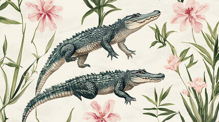 A tropical-inspired design with crocodiles among green reeds and pink flowers styled in a muted palette on a light background 