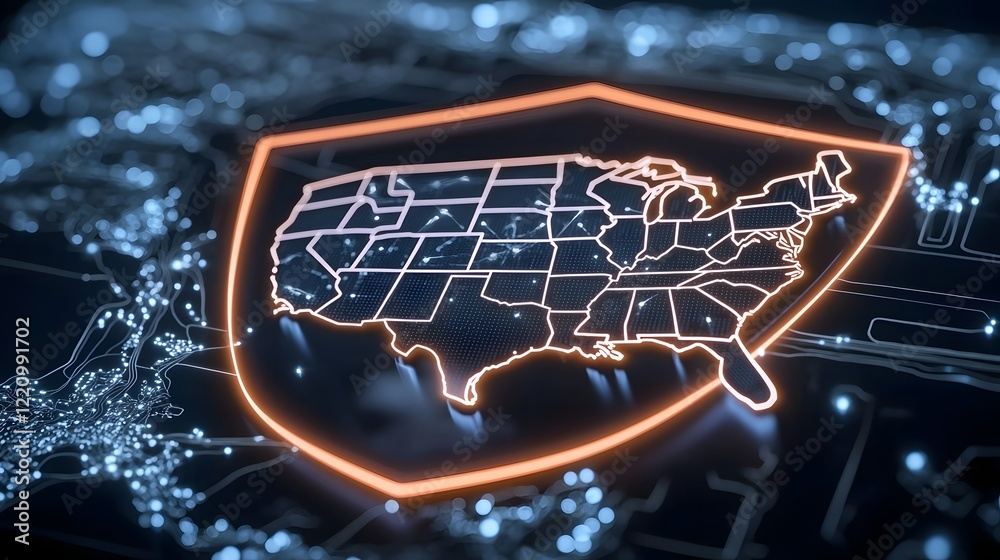 Poster futuristic 3d depicting america s comprehensive cybersecurity defense strategy with a prominent cybe