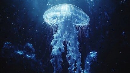 A luminous jellyfish gracefully floats in the ocean depths