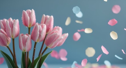 Pink tulips with water drops and falling confetti on blue