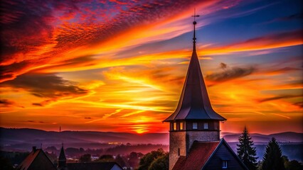 Obraz premium Silhouette of Obertorturm, Bad Camberg at Sunset - Dramatic German Castle