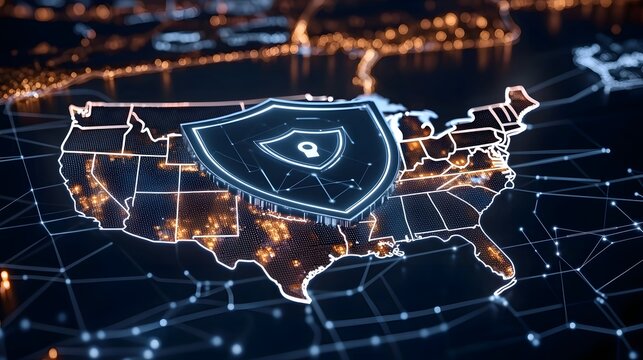Futuristic digital depicting America s cybersecurity defense with a prominent cyber shield covering the national map and highlighting cities with secure encrypted data icons