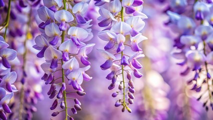 Fototapeta premium Close-up view of delicate, cascading wisteria blossoms in vibrant purple and lavender hues, showcasing their intricate details and graceful form