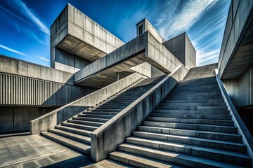 Fototapeta premium Monochrome Drone Shot: Angular Concrete Staircase in Brutalist Architecture