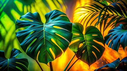 Fototapeta premium Silhouette of Philodendron Plant Against Lush Tropical Foliage Background - Stock Photo