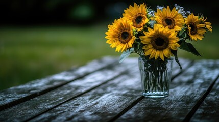 Sunflowers in glass vase on rustic table, garden background