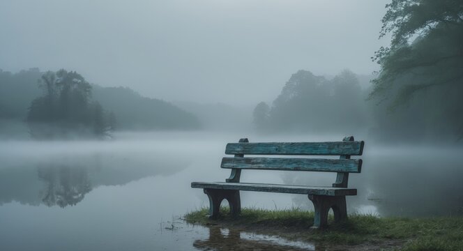 Serene lakeside scene features solitary bench surrounded by mist.