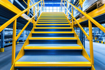 Bright yellow stairs leading to a warehouse with open space and shelves in background.