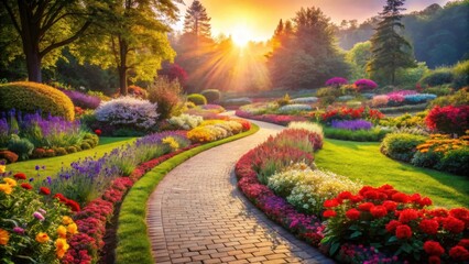 Obraz premium A Serene Brick Path Meanders Through a Vibrant, Sun-Drenched Garden Filled with Blossoming Flowers and Lush Greenery at Golden Hour