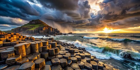 Mysterious basalt columns of Giant's Causeway, Northern Ireland, dramatic coastal landscape, rugged rock formations, natural wonder.