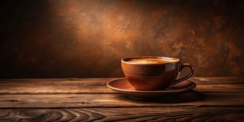 Obraz premium Aromatic Coffee in Earthy Brown Mug on Rustic Wooden Table