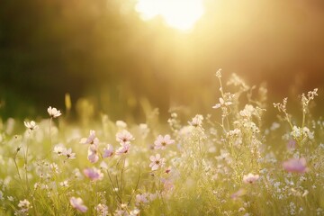 Fototapeta premium A blooming spring meadow with butterflies fluttering under the sun